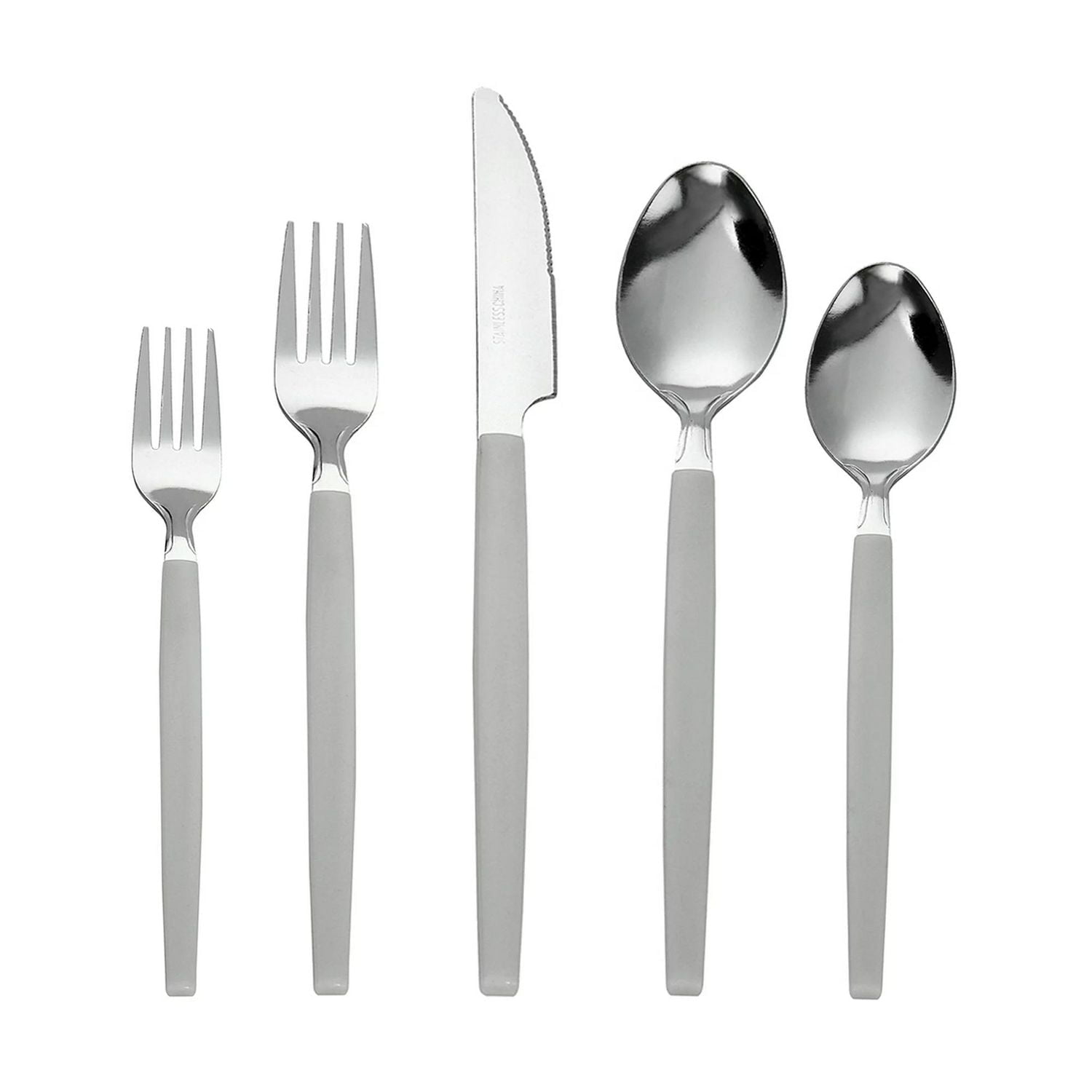 Mainstays 48 Piece Stainless Steel and Plastic Flatware Set with Tray, Gray, Service for 8