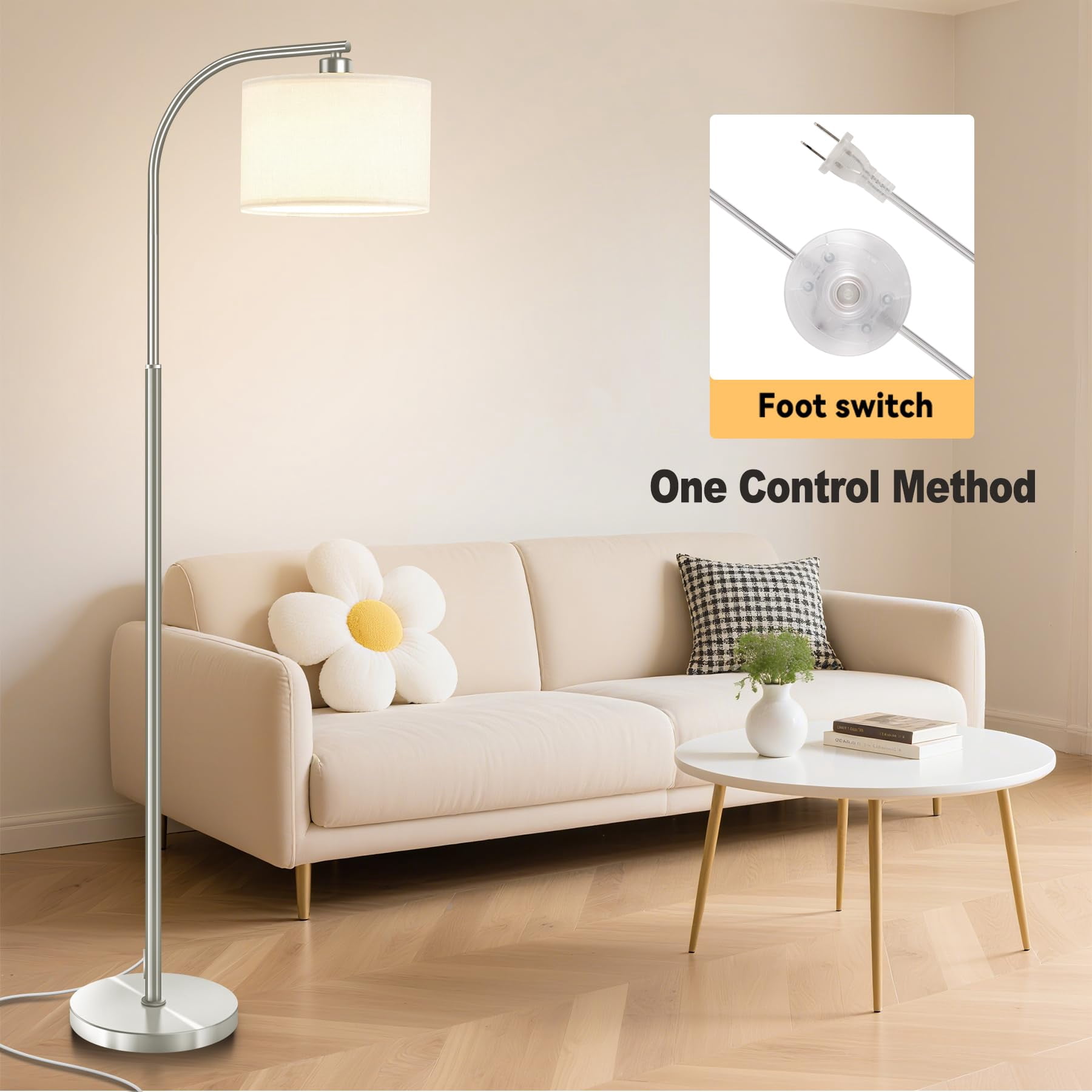 Floor Lamp For Living Room 65'' Modern Standing Lamps With 9w Led Bulb Tall Light Fabric Shade 3 Color Temperatures Bedroom Office Study Corner Dining