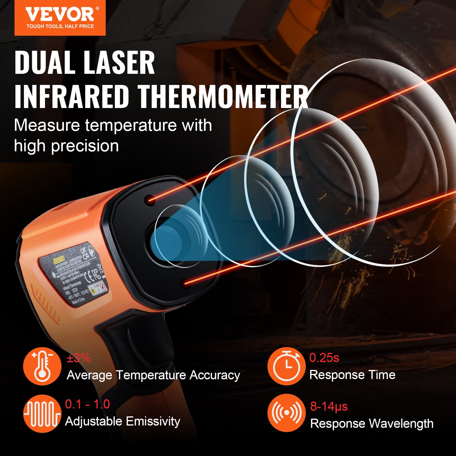 VEVOR Infrared Thermometer, -40~2732°F Dual Laser Temperature Gun Non-Contact, Handheld IR Heat Temperature Gun with Adjustable Emissivity for Metal Smelting/Cooking/Pizza Oven/Engine(Not for Human)