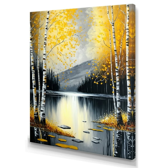 Designart Monochrome Golden Birch Trees By The Lake I Canvas Wall Art
