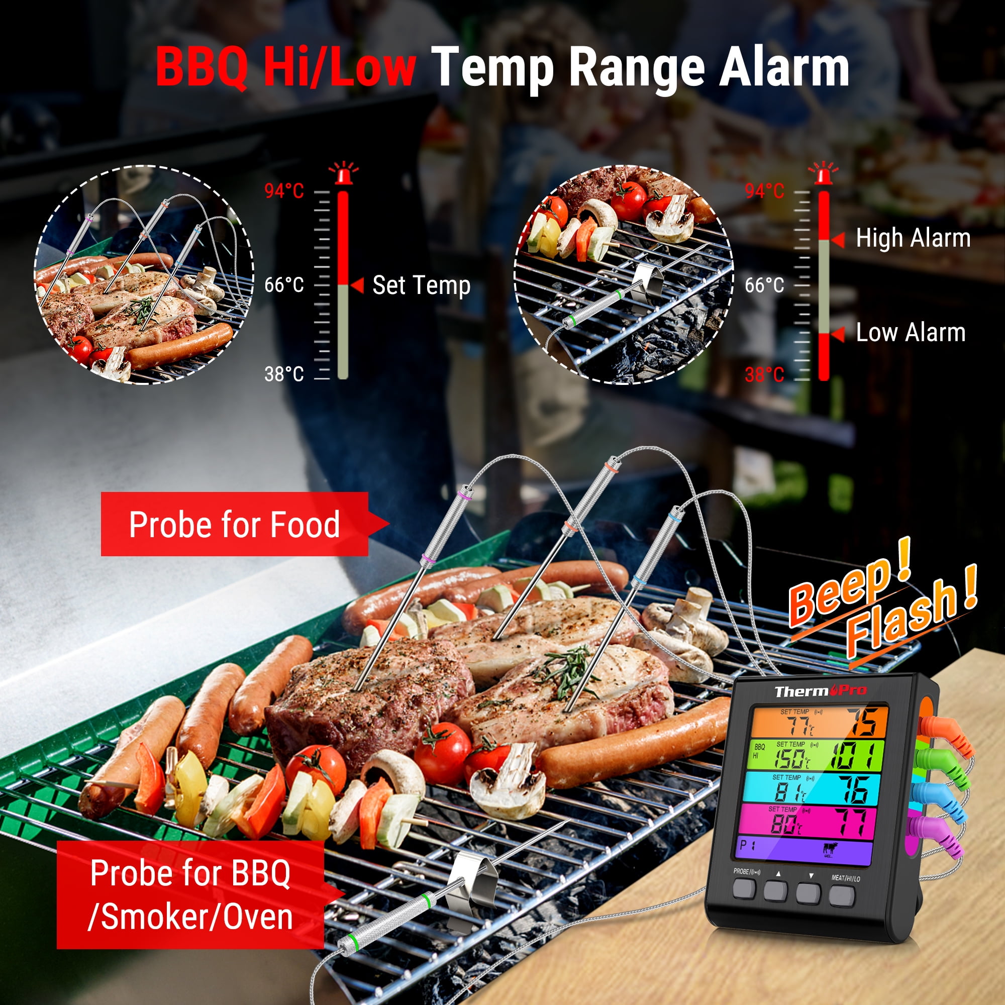  ThermoPro TP-17 Dual Probe Digital Meat Thermometer Large LCD  Backlight Grill Food Thermometer with HI/Low Alert & Timer Mode, Smoker  Kitchen Oven BBQ Thermometer for Cooking, Grilling Gifts, Black 