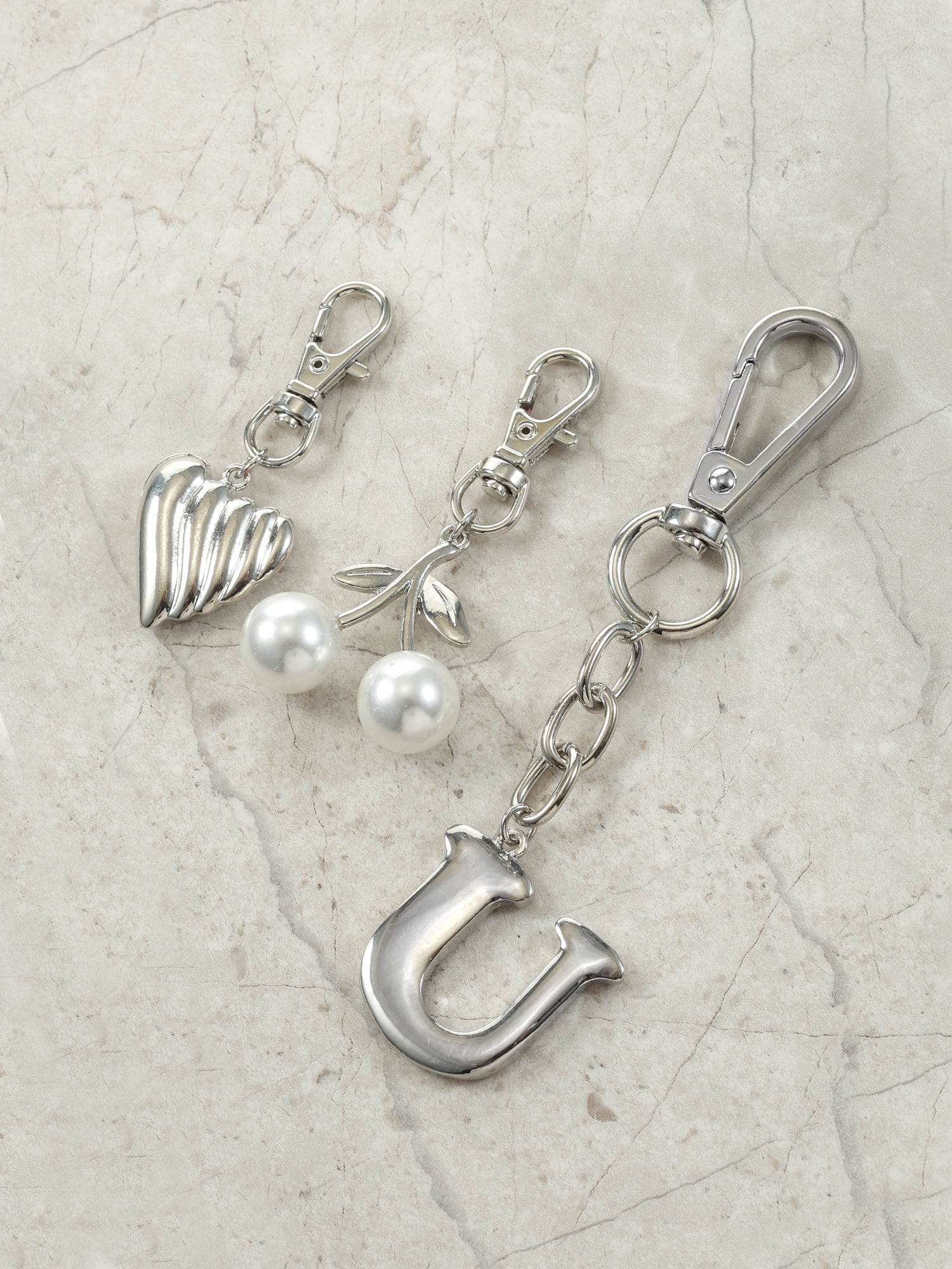 Time and Tru Silvertone Initial Letter Bag Charm Set, 3 Pieces, Letter U