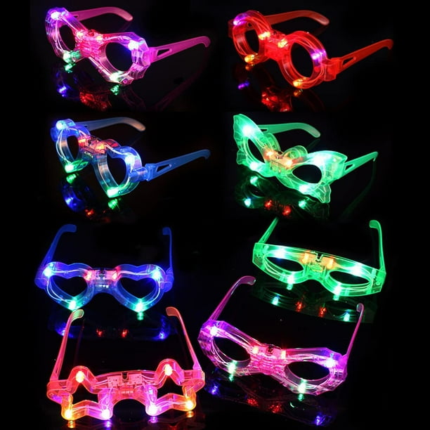 24 Packs LED Glasses for kids Glow in the dark Party Supplies Favor 6 LED 6 Shapes Glasses Flashing Plastic Light up Glass Toys Bulk 3 Replaceable Battery fit Heytea ew Year Eve