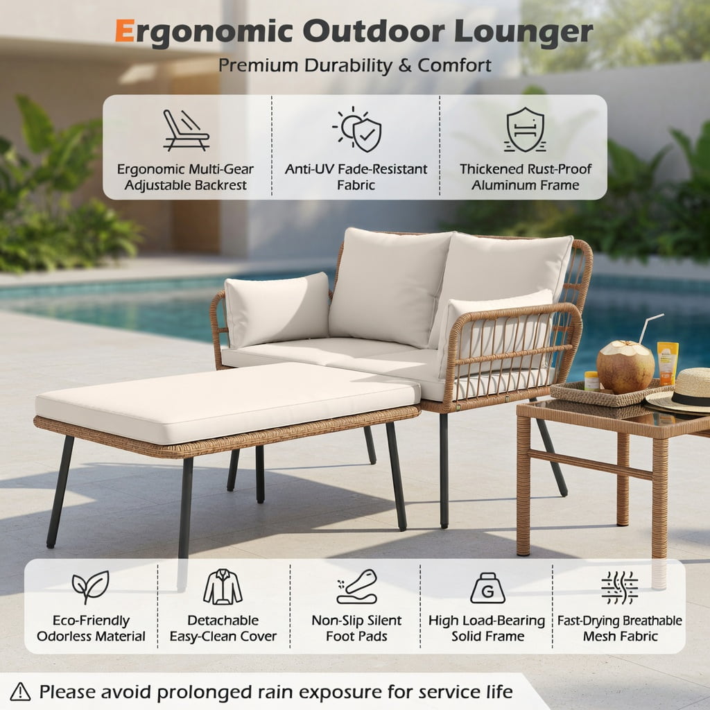 Hommoo Hommoo 2-Person Outdoor PE Rattan Loveseat with Removable Cushions, Heavy-Duty Metal Frame, Ergonomic Backrest, Off-White