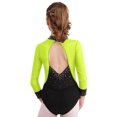thumbnail image 2 of YiZYiF Girls Long Sleeve Gymnastics Leotard Color Block Glittery Bodysuit for Dance Figure Skating Fluorescent Yellow 14, 2 of 7