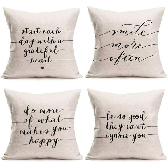 Inspirational Words Cotton Linen Throw Pillow Cases Home Decor Best Office Gift Cushion Cover Smile, Happy Lettering Pillowslip Standard 18x18 Inch, Set of 4