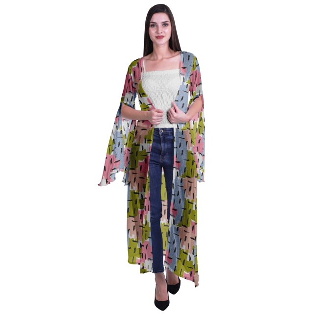 Moomaya Cardigan Long en Georgette de Viscose Imprimée à Manches Fendues pour Femmes