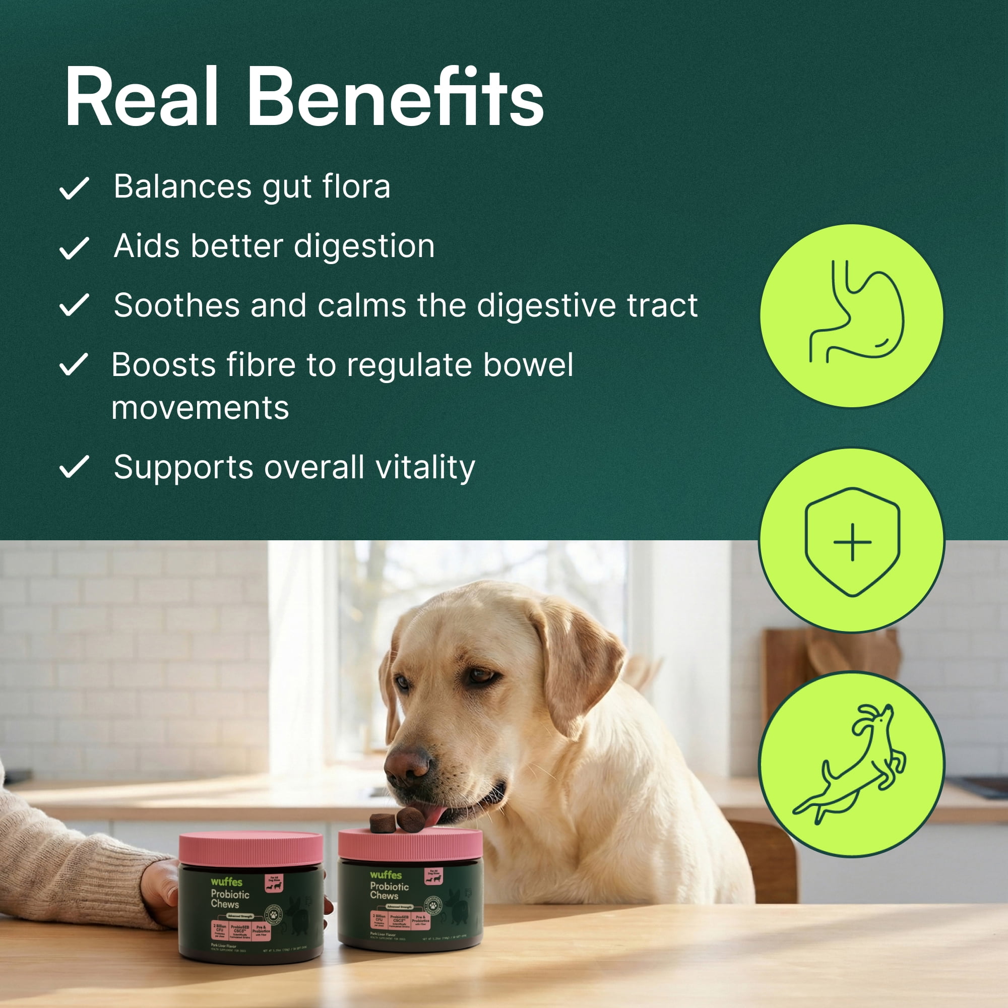 Wuffes Daily Probiotic for Dogs - Supports Digestive Health, Gut Balance, and Immune System - with Prebiotics, Marshmallow Root, and Pumpkin Powder - 60 Soft Chews
