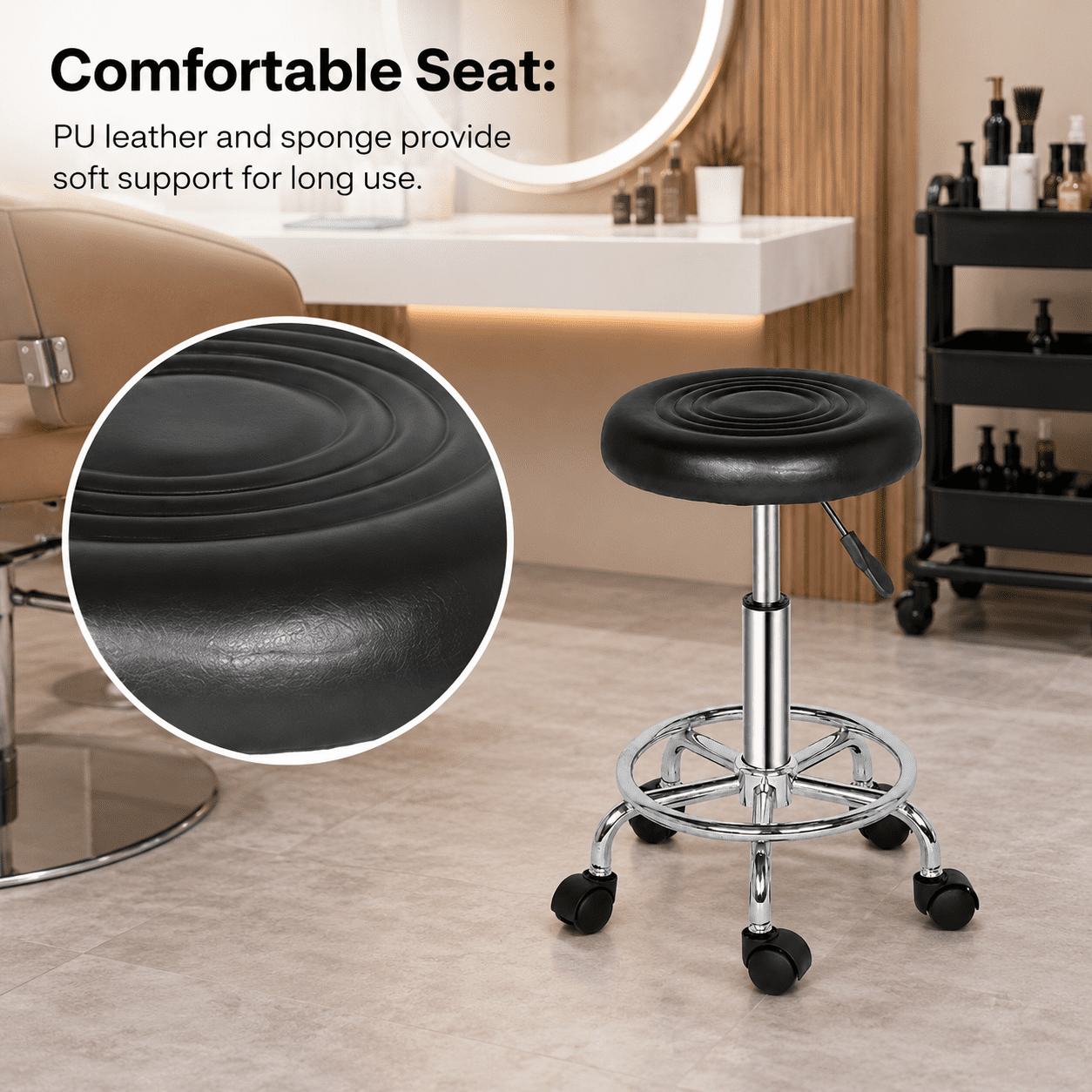 Alvantor Rolling Stool with Ribbed Round Seat, Adjustable Height, Black