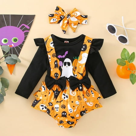 

Yiwula Halloween Infant Girls Halloween Long Sleeve Cartoon Prints Pumpkin T Shirt Tops Overalls Suspenders Ruffles Shorts Headbands Outfits