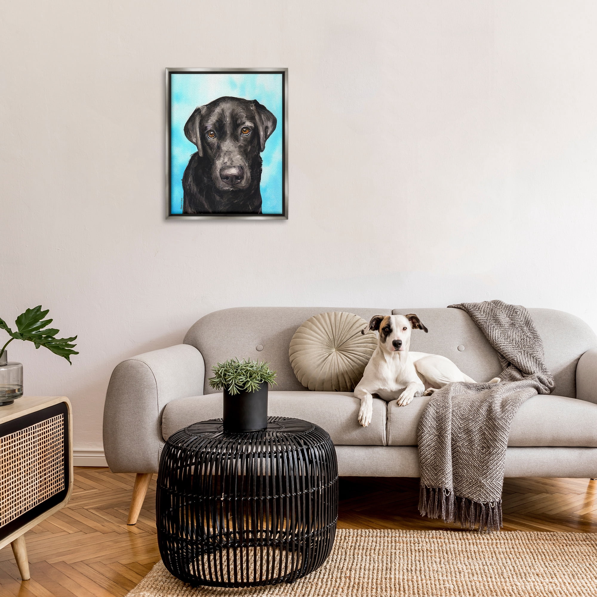 Stupell Industries Black Lab Portrait on Blue Animals & Insects Painting Gray Floater Framed Canvas Art Print Wall Art, 25 x 31