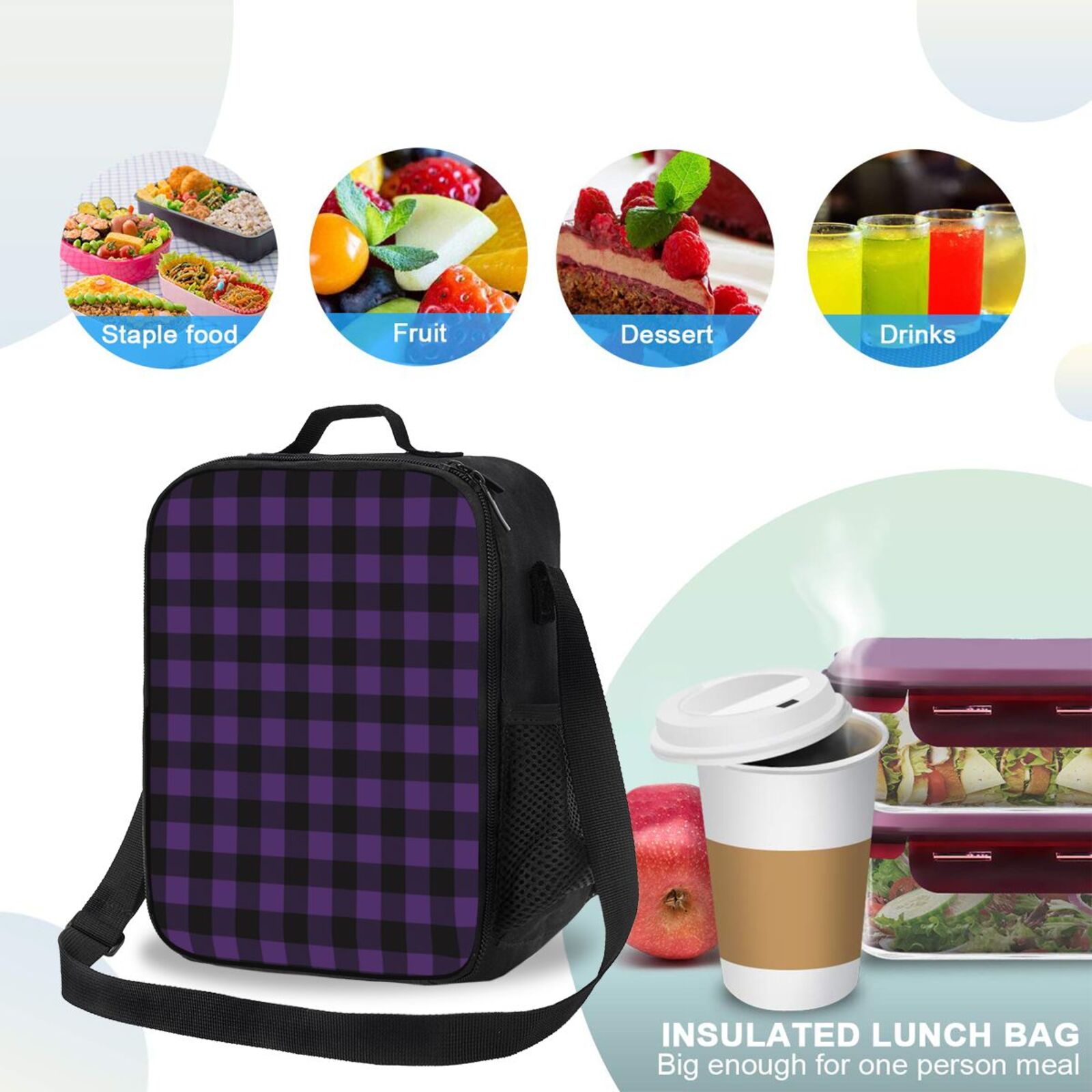 Ratiio Purple Black Plaid Print Lunch Box - Reusable Lunch Bag Men Adult Women- Insulated LunchBox