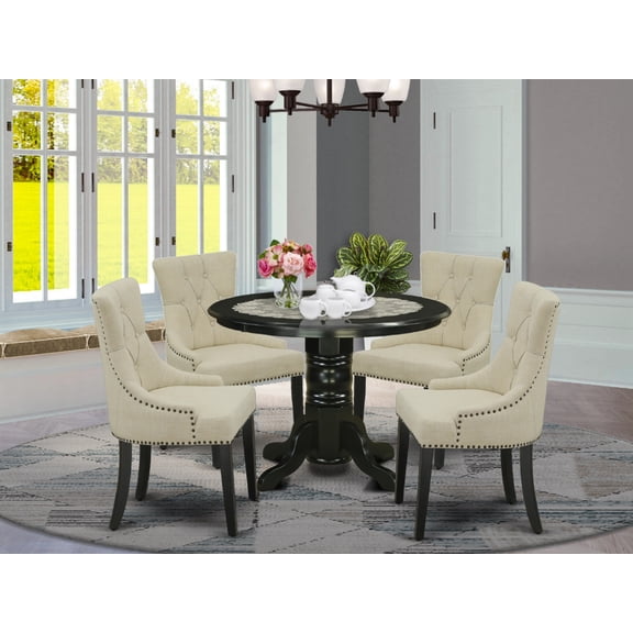 SHFR5-BLK-02 5Pc Dining Set Includes a Round Dining Room Table and Four Parson Chairs with Light Beige Fabric, Black Finish