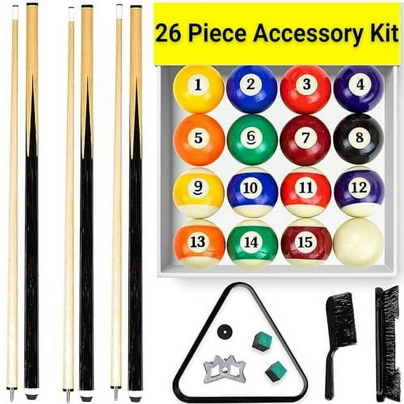 Pool Table Accessories Including Billiard Balls, Pool Cues, Chalk, 8 Ball Triangle, Pool Table Brush - 26 Piece Billiard Accessories Set