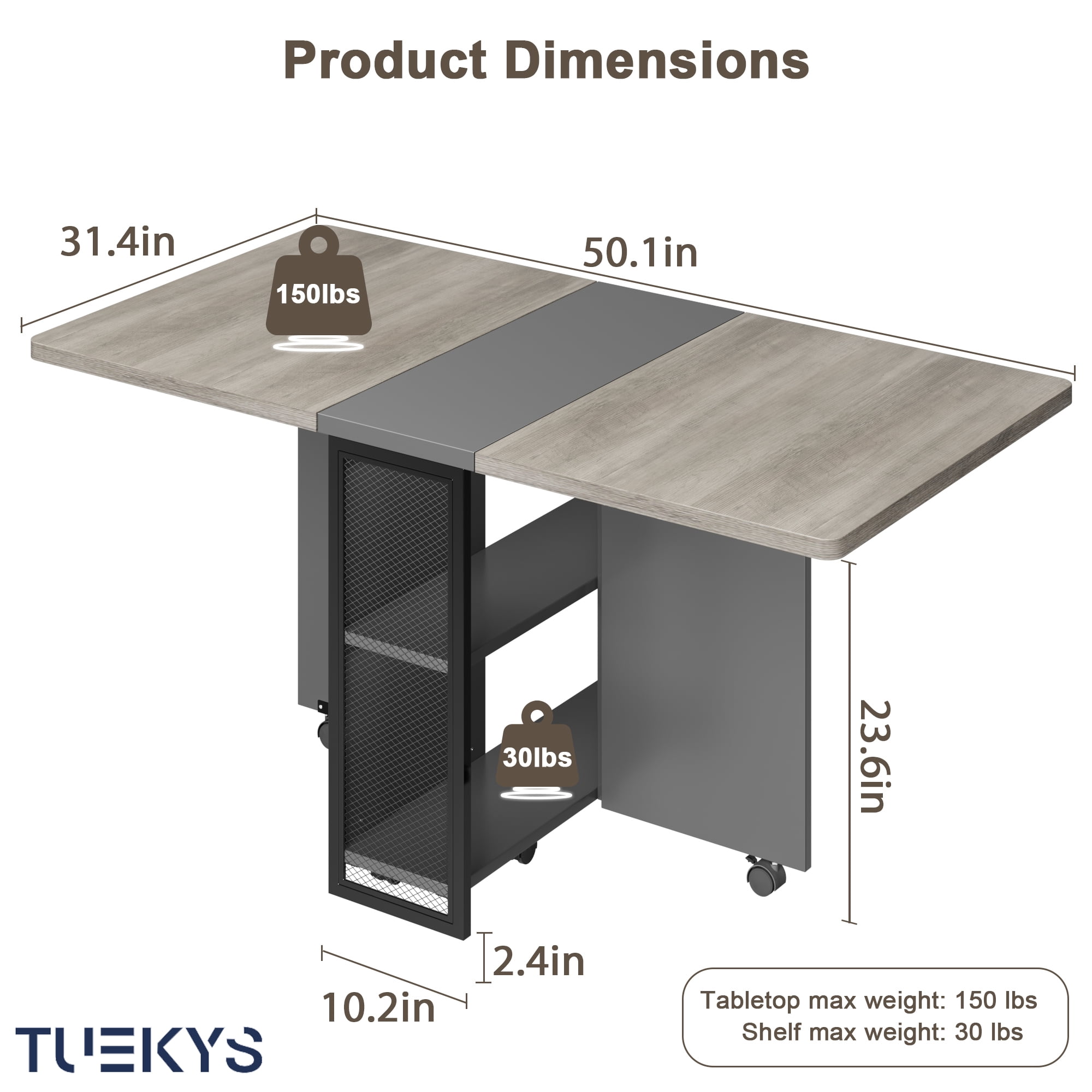 Tuekys Folding Dining Table Drop Leaf Kitchen Table with 2 Storage Racks-Perfect for Small Spaces Multifunction Space Saving Table Extension Dinner Table Kitchen Office Desk Gray