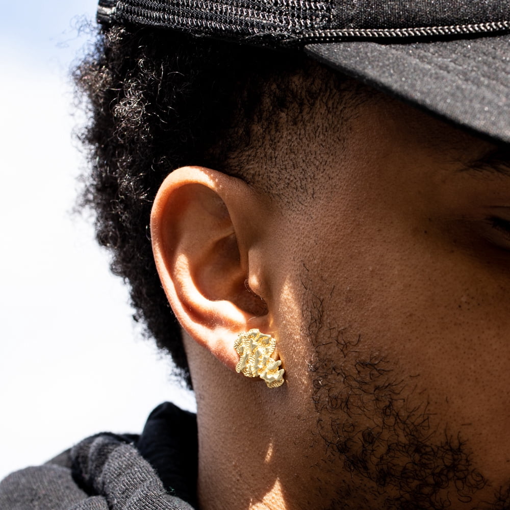 Men's Large 14k Yellow Gold Plated 925 Sterling Silver Screw Back Post Retro 90's Hip Hop Textured Solid Gold Big Nugget Stud Earrings
