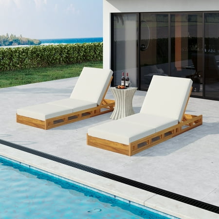Christopher Knight Home Outdoor Wood Chaise Lounge with Adjustable Backrest, Tri-folding Cushion, Cream, Set of 2