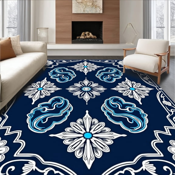 ODIKA 4'x6' Machine Washable Non-Slip Area Rug, Jewel Corridor Embellishment High Traffic Rug, Blue, 550204
