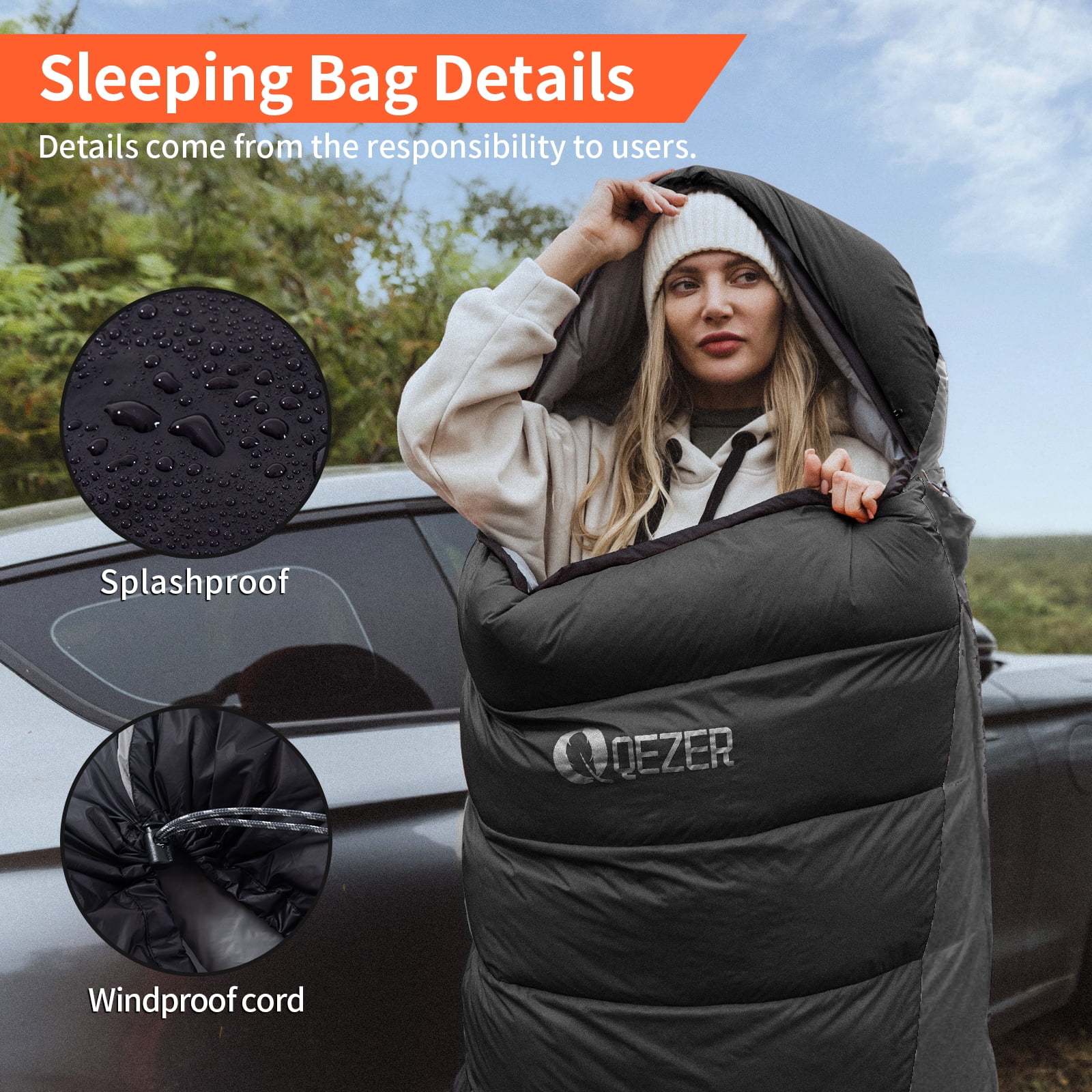 QEZER Ultralight Down Sleeping Bag Adults For 3 Seasons 40℉-53℉, Camping and Traveling