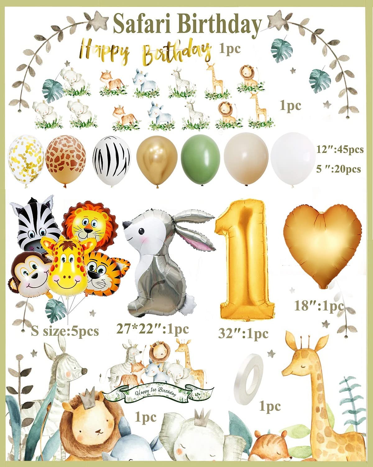 1st Birthday Decorations for Boys Girls, Wild One Birthday Balloon Set, First Birthday Decorations, Sage Green Jungle Animal Birthday Decorations for Kids