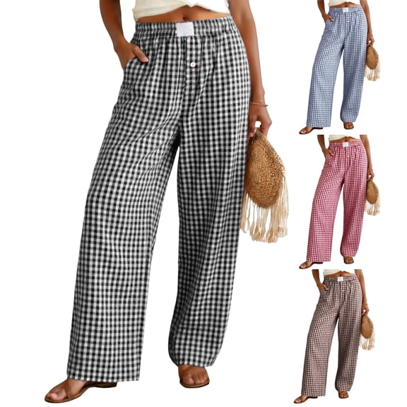 GEWSEY Womens Pajama Pants Cotton Plaid Lounge Pants Y2K Pj Bottoms Drawstring Sleepwear With Pockets S-3XL (Black, S)