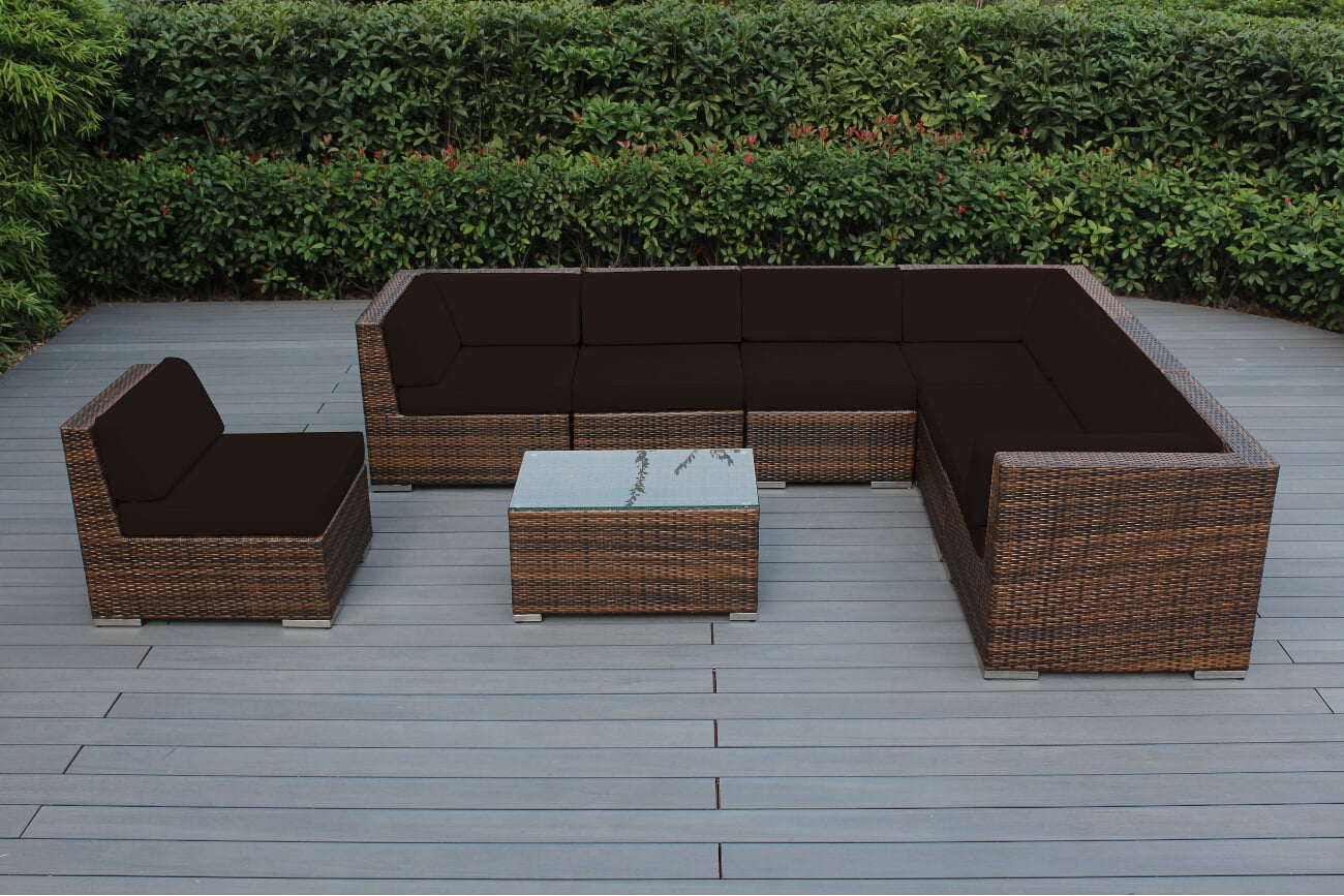 Ohana 8 Piece Outdoor Wicker Patio Furniture Sectional Conversation Set - Mixed Brown Wicker