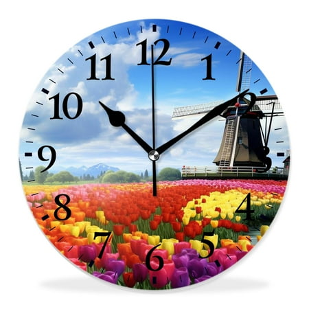 14 Inch Wall Clock Battery Operated Silent Clock Decorative for Office, Kitchen, Outdoor, Living Room,Traditional Dutch Tulips Style