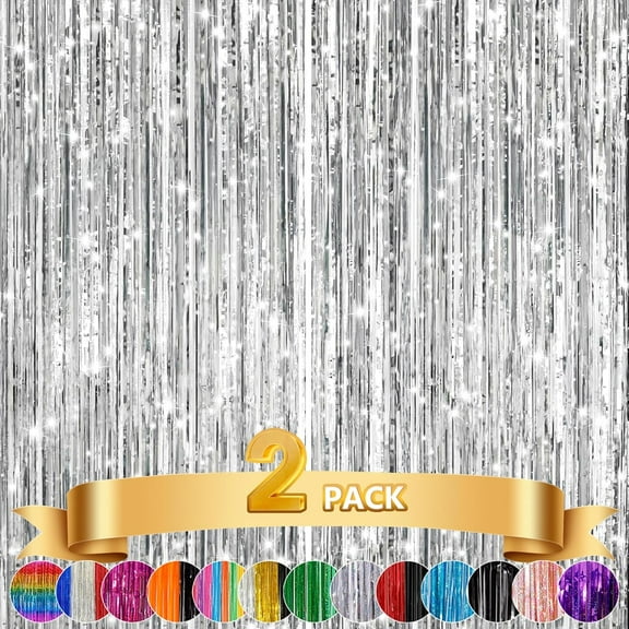 2Pack Silver Metallic Tinsel Foil Fringe Curtains, Door Streamer Photo Booth Backdrop for Birthday Wedding, Graduation Engagement Bridal Baby Shower Bachelorette Party Decorations Dancing Ball Party