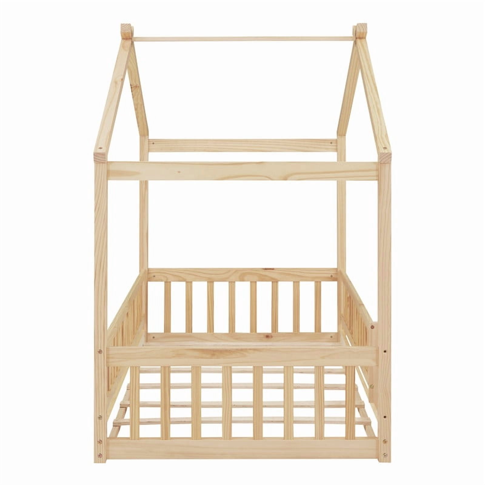 Twin Size Wood House Bed Floor Bed with Fence and Guardrails, Kids Playhouse Bed Toddler Bed Montessori Bed for Kids Boys Girls, No Box Spring Needed