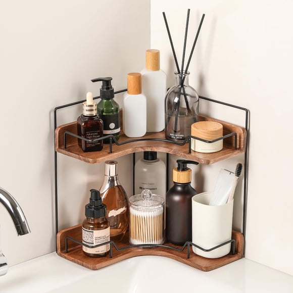 Organizador de baño Snuvid, estante esquinero de madera de 2 niveles