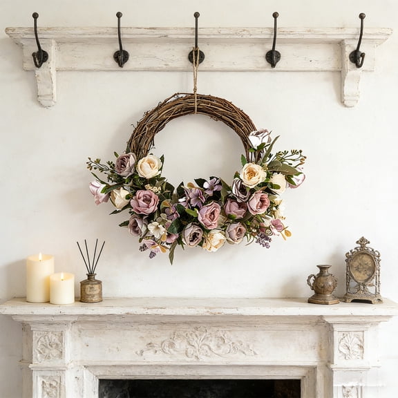 PLPPYFS Spring Wreath for Front Door, Grapevine Half Greenery Wreaths with Pink Peony Lavender Flowers & Eucalyptus Olive Leaves for Farmhouse Decor Porch Wall Indoor Outdoor Decoration(17.7 In)