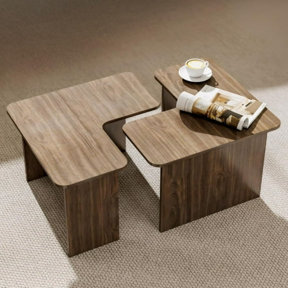 Modern Nesting Coffee Table Set of 2, Walnut Wooden L-Shape Square Coffee Table for Living Room, Small Center Table End Table Sets with Rustic Wood Grain for Bedroom Office Cafe