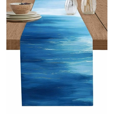 

Table Runner Abstract Art Blue Gradient Ocean Waves Sky Sea Painting Style Table Runners Dresser Scarves Holiday Kitchen Dining Table Decoration for Home Party Indoor 13x70 Inch