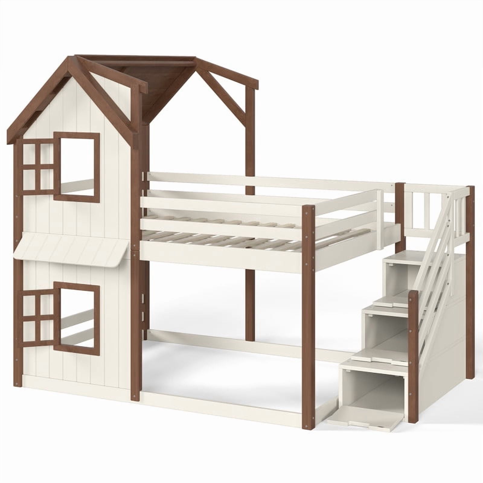 Full-Over-Full Kids House Bed Frame with Storage Stairs & Bottom Floor Bed, Playhouse Bunk Bed with Roof & Window