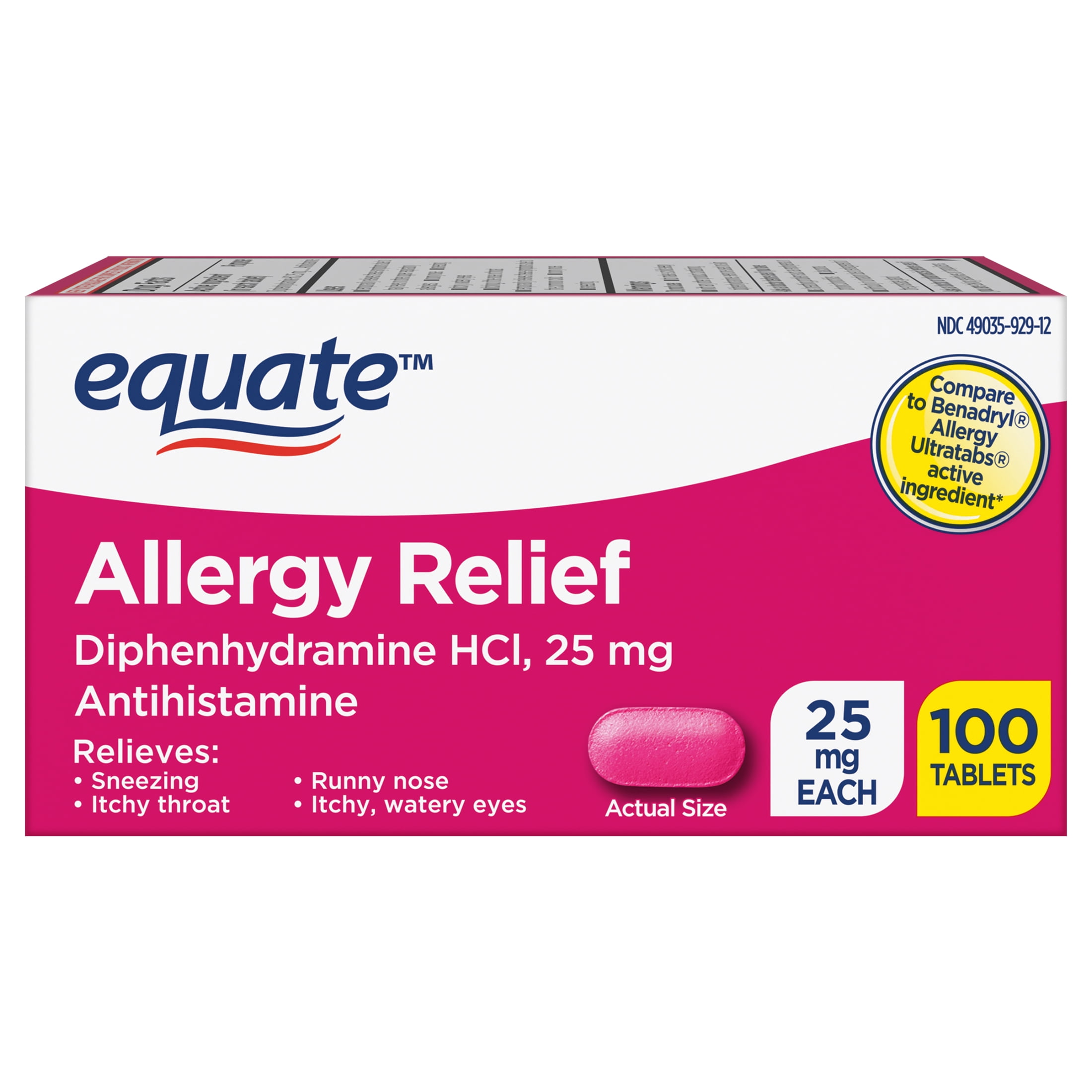 Equate Allergy Relief Diphenhydramine Tablets 25mg, 100 Ct