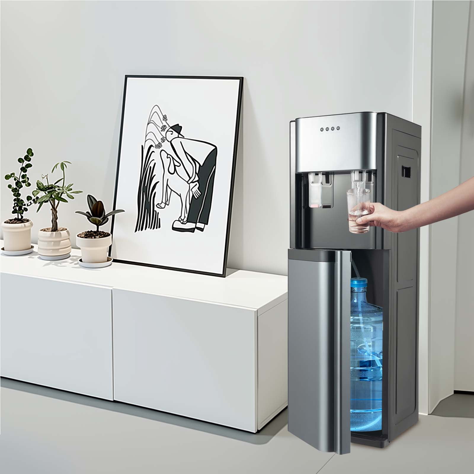 Water Cooler Dispenser, Bottom Loading Water Dispenser for 5 Gallon Bottle with Hot & Room & Cold Water, Stainless Steel Water Dispenser with Anti-Dry Burn Protection