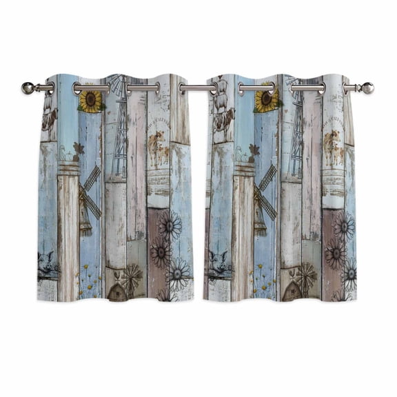 Blue Grey Wooden Kitchen Curtains Window Panels, Farmhouse Barn Sunflowers Retro Insulated Window Treatment Curtain, Grommet Curtains for Bedroom/Living Room/Bathroom, 2 Piece 52"Wx45"L