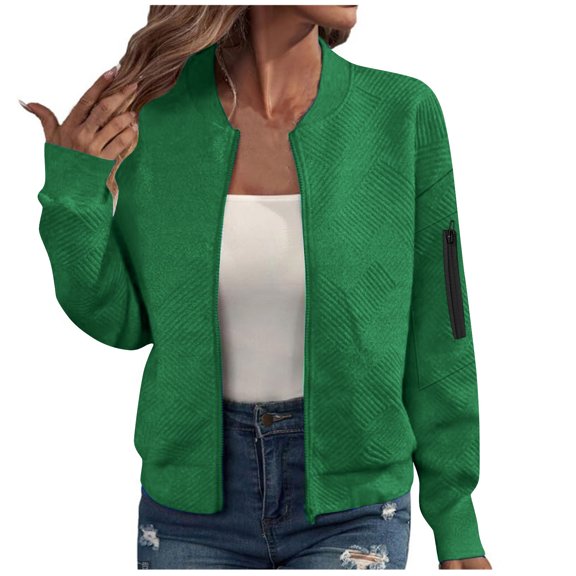 RYRJJ Bomber Jacket Women Textured Lightweight Zip Up Jackets Casual Stand Collar Coat Fall Fashion Outerwear with Zipper Pocket(Green,XXL)