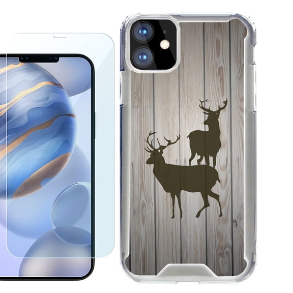 For Apple iPhone 12 Case, iPhone 12 Pro Case, Hybrid Bumper Phone case, with Tempered Glass Screen Protector, by OneToughShield ® - Wood/Deer