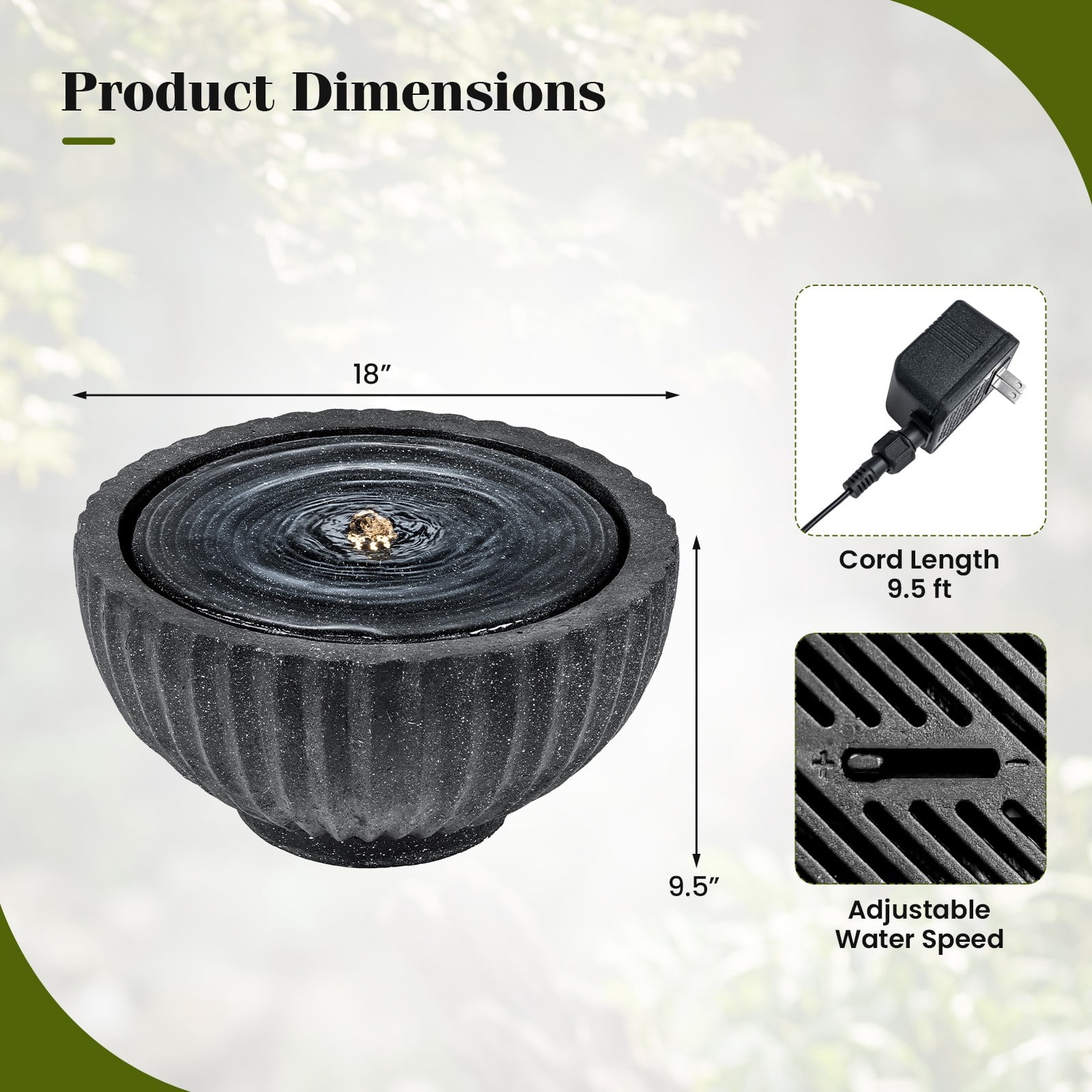 DRAZUNO 18” Outdoor Round Sphere Water Fountain w/LED Lights & Pump for Garden Patio
