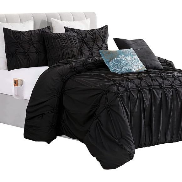 Mocassi 12-Piece Comforter Set, Ella Bedding Collection includes 6-Piece Smart Sheet Set, Matching Shams & Decorative Pillows, King/California King, Black