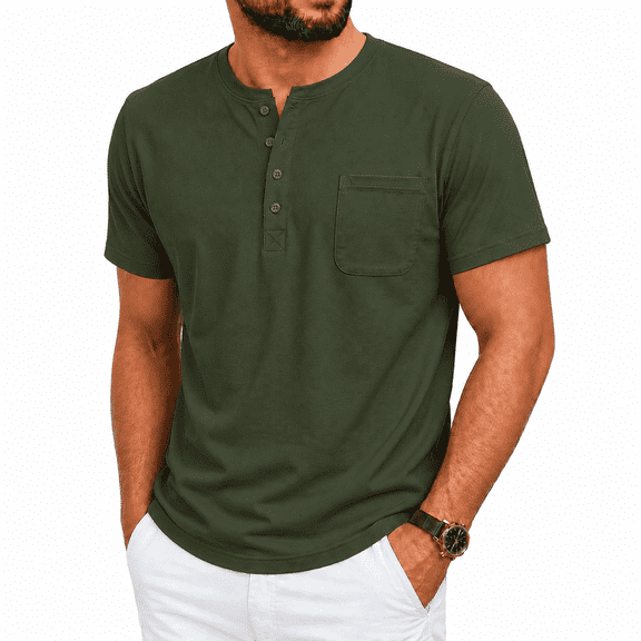 YeneSen Men's Cotton Stretch Short Sleeve Henley Shirt, Lightweight 4-Button Regular Fit Casual Summer Tee