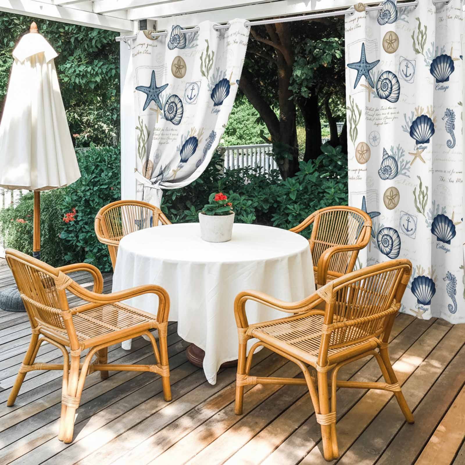 Summer Marine Life Outdoor Curtains for Patio, Ocean Starfish Conch Shell Letter Print Retro Sunshade Privacy Drapes Grommet Waterproof Outside Curtains for Porch/Cabana/Balcony 54"x 108", 1 Panel