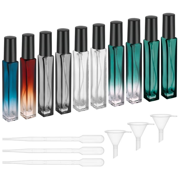 LUIISIS 10 Pack 10ML Refillable Perfume Bottles Set, Spray Bottles with Funnel and Dropper, Elegant Glass Spray Bottles with Gradient Colors, Amber, Blue, Dark Green for Luxury Sample Container, Gift