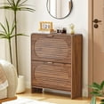 thumbnail image 6 of Narrow Shoe Storage Cabinet for Entryway with 2 Flip Drawers, Freestanding Wood Shoe Cabinet with Arched Stripe Panel, Curved Edge Shoe Organizer Closed Shoe Rack for Hallway, Foyer (Walnut), 6 of 9