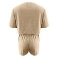 thumbnail image 7 of Scyoekwg Two Piece Outfits for Women Summer Solid Color Trendy Short Sleeve Round Neck Tops Shorts Tracksuit Casual Sweatsuits Sets Loose Matching Sets (Khaki,L), 7 of 7