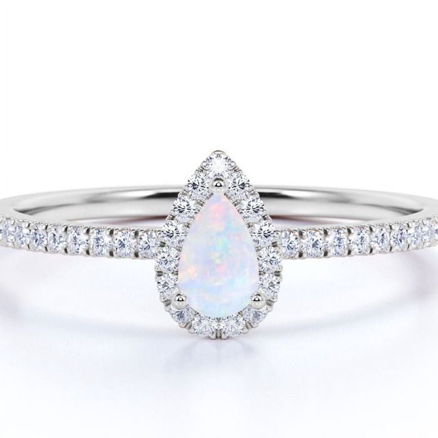 JeenMata Anillo de Compromiso de 1 Uds con Ópalo de Fuego y Moissanita de Talla Pera Vintage en Oro Blanco de 18 K sobre Plata