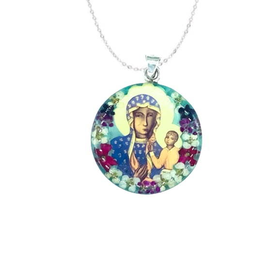 Our Lady of Czestochowa Medium Round Pendant w/ Pressed Flowers 18-inch