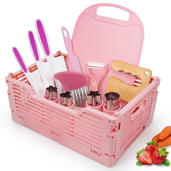 Toddler Knife Set for 1 2 3 Kids Kitchen Knife Set for Real Cooking & Basket, Easter Basket Stuffers Gifts,Montessori Toys for 3 4 5 6 7 8 9 10 Year Old Girls Birthday Gifts, Toddler Kitchen Tools