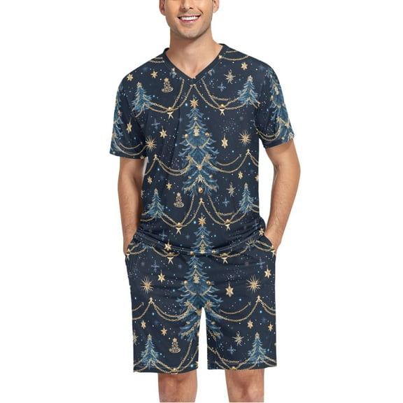joogoo Men's Pajama Set Tree Christmas Star V-Neck Pj Shorts Set 2 Piece Loungewear Sleepwear L